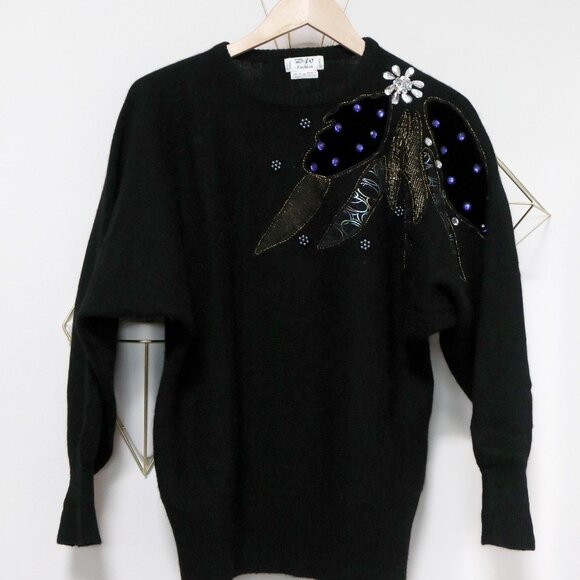 80s Black Angora & Wool Sweater w/ Abstract Asymmetric Applique Rhinestone - Picture 4 of 8